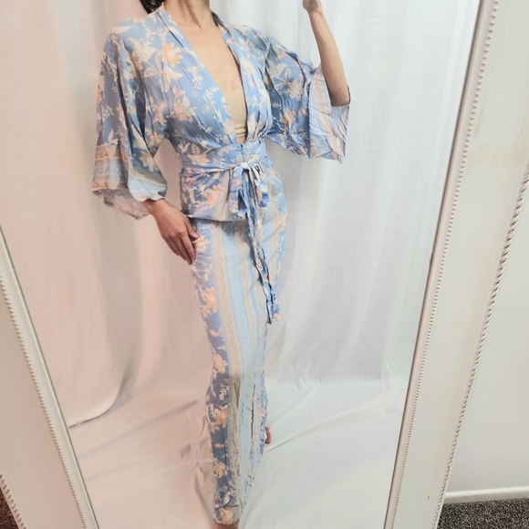 Blue Floral Maxi Dress with Kimono Sleeves Long White Feminine Energy Romantic